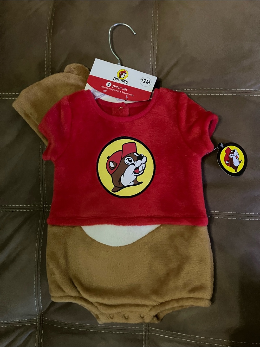 Buc-ee's Infant Plush Logo Romper - Red & Brown Striped socks